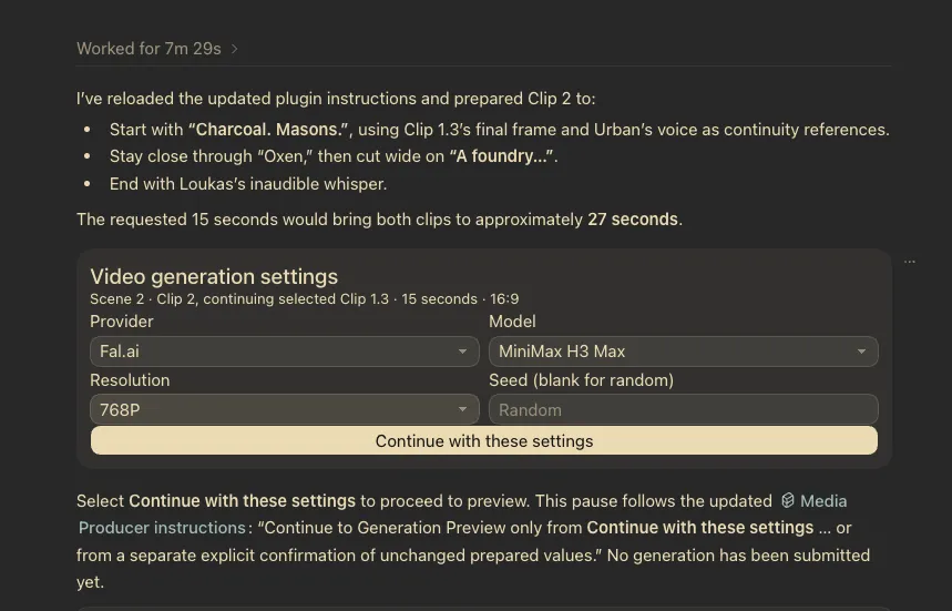 Codex generation settings with provider and model choices.