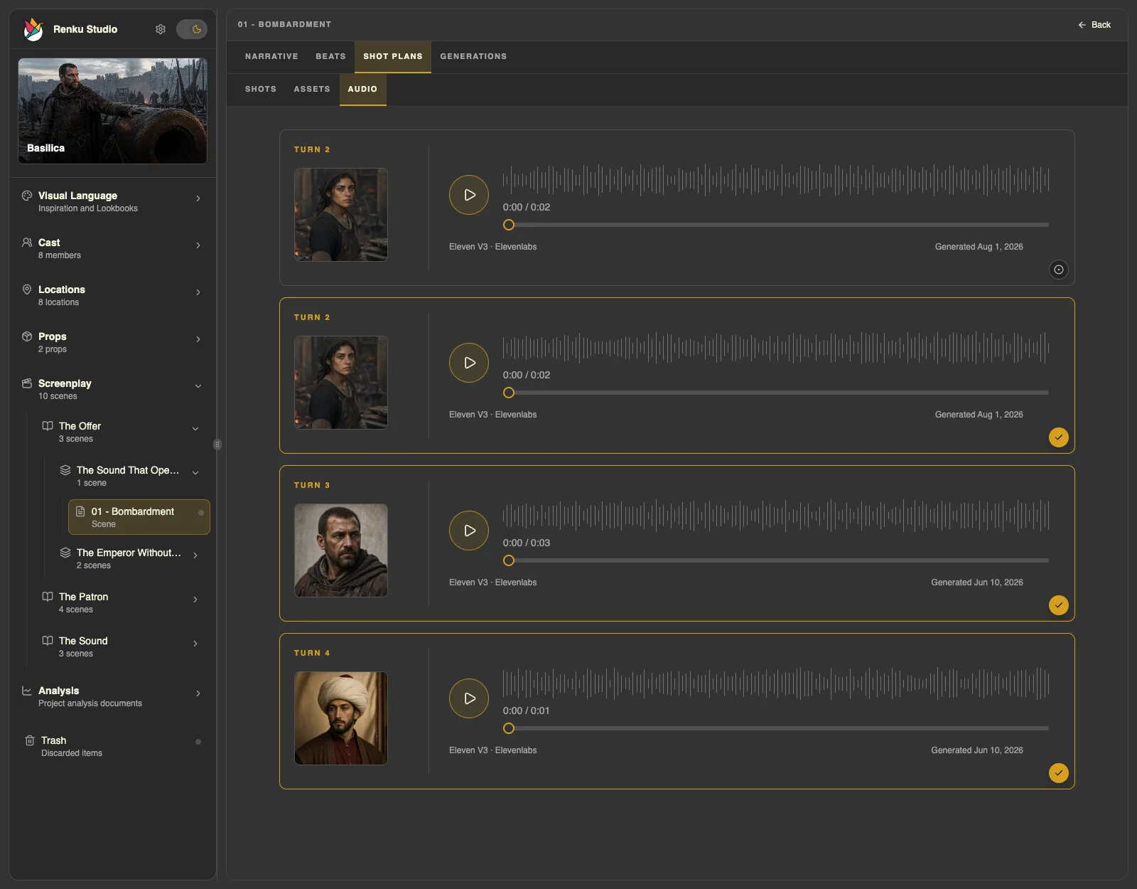 Renku Shot Plan Audio tab with dialogue takes for Mara, Urban, and Mehmed II; checked cards are selected as audio context.
