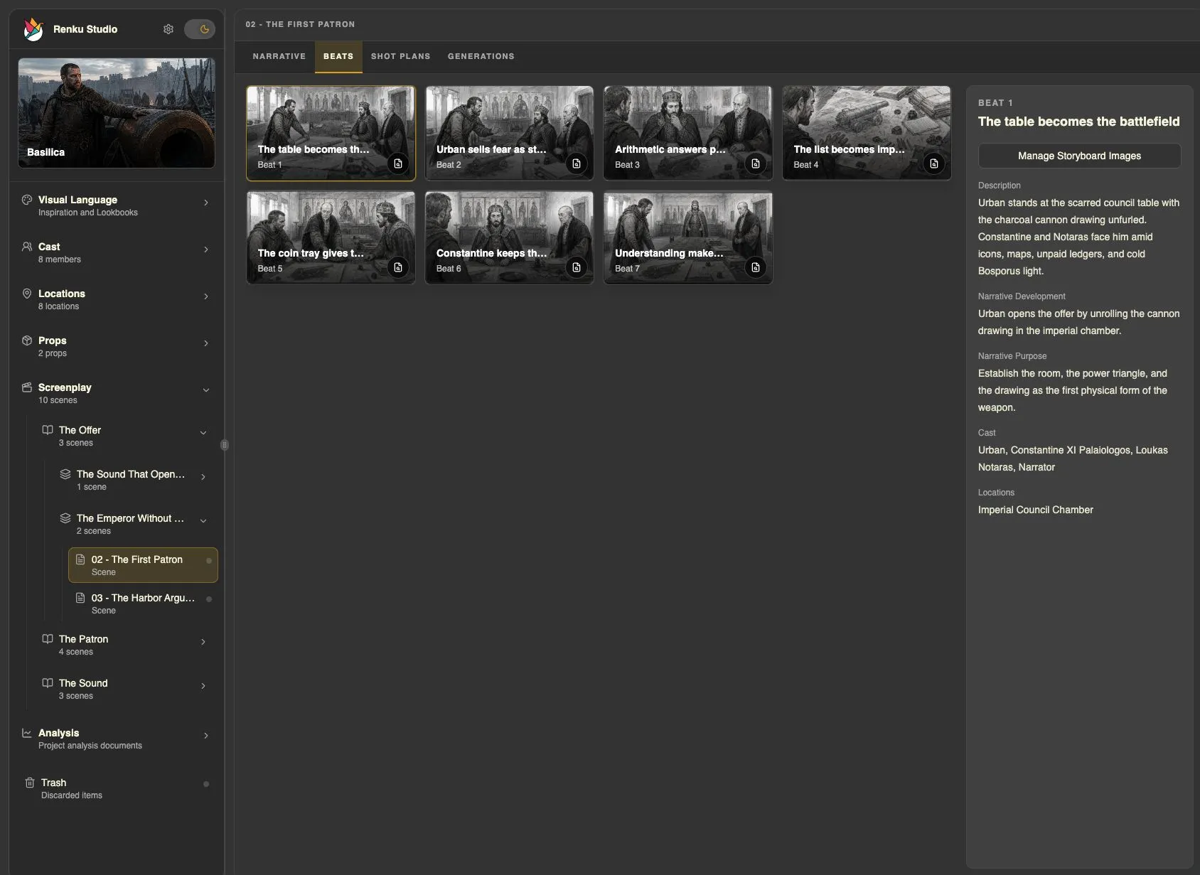 The First Patron Beats view with storyboard thumbnails and the selected Beat details.