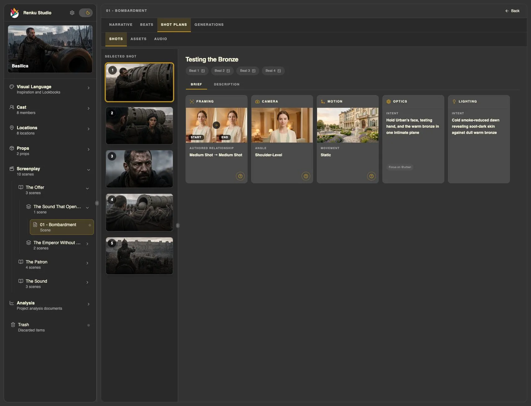 Renku shot list showing five numbered shot thumbnails and a camera brief.