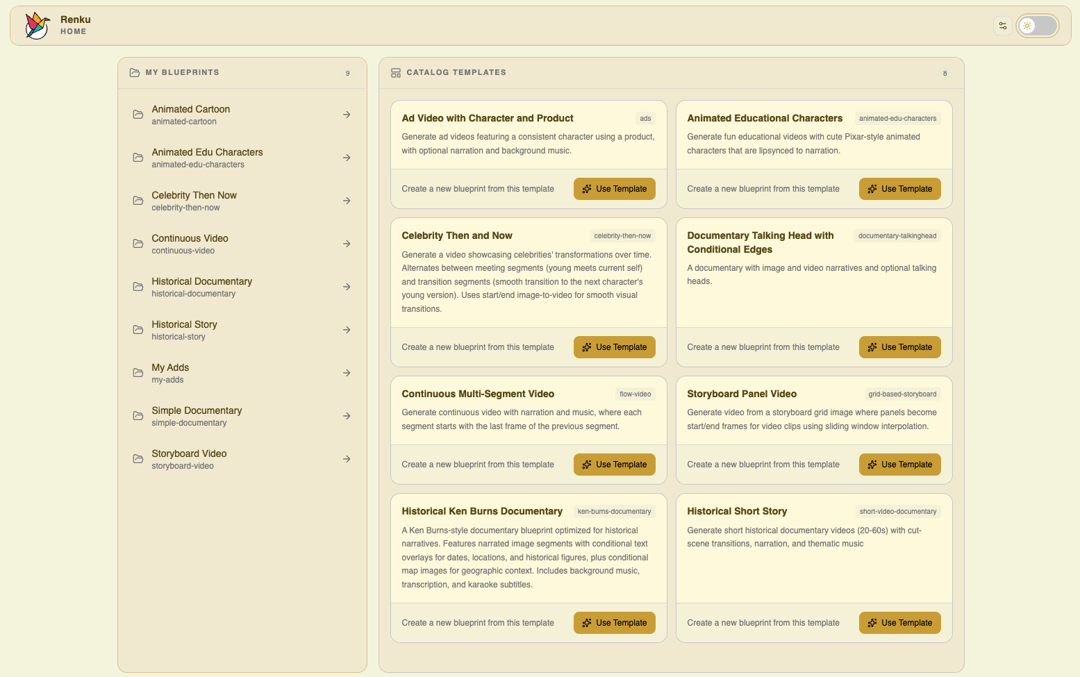 Renku home screen showing the blueprint library